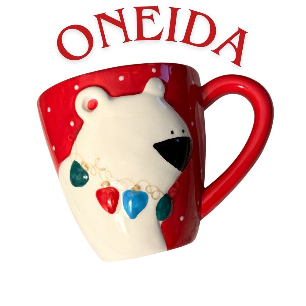 Oneida Polar Bear Christmas Mug Red 3D Raised Design Holiday Earthenware